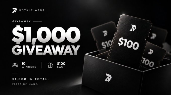The image is a sleek promotional graphic for Royale Web3 announcing a "$1,000 GIVEAWAY" where 10 winners will receive $100 each, featuring black gift cards branded with the Royale Web3 logo and dollar amounts emerging from a presentation box, directly reinforcing the post's call to action for users to sign up at royaleweb3.com/opportunities.