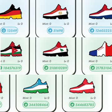 The image displays a grid of digital sneaker NFTs from STEPN with various country flag designs, each showing mint numbers (Mint: 0) and rarity levels (Lv 0), along with visible IDs like 13549, 51698, 12603225, 184576319, 210810289, 217831042, 344508464, and 544683795. These collectible shoes correspond to the countries listed in the post, where flag-themed STEPN sneakers represent nations like Germany, Brazil, the Netherlands, France, and Spain that qualified in their respective World Cup groups.