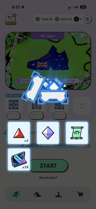 A mobile app screenshot showing a 'Jogger' game screen with a map featuring the Australian flag, an overlay of a pixelated shoe character, and a START button with various in-game items.