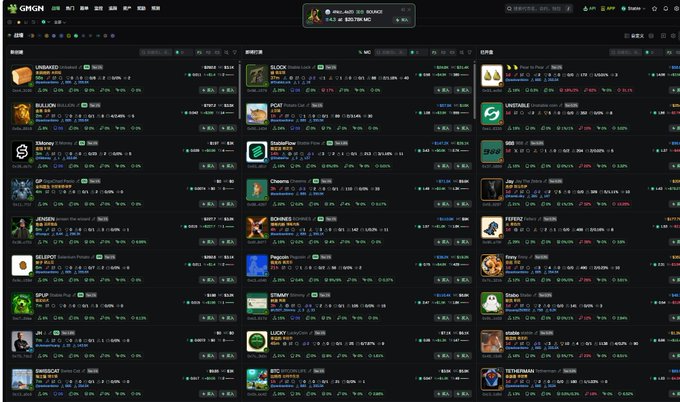 A dark-themed cryptocurrency tracking dashboard (GMGN) displays a grid of meme coin listings with tickers like LABUBU, BLOCK, PORT, UNTABLE, BALDOG, PEPE2, JENSEN, and others, each showing price changes and trading volumes. The image relates to the post by showing a tool used to monitor meme coin markets—particularly tokens within the "Stable" ecosystem—for spotting 100x opportunities based on signals from key Twitter accounts like @paoloardoino.