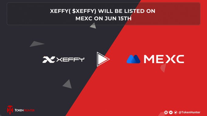 A promotional post has a red background, featuring two companies' logos - one of which is XEFFY & the other MEXC. The text below states that XEFFY will be listed as MEXC on June 15th. The post also announces an exchange between these two companies and invites people to share this exciting news with their friends or social media audiences.