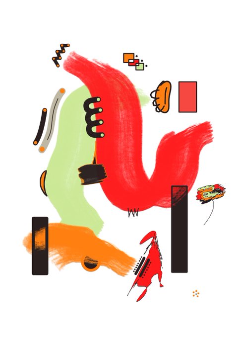 Abstract digital artwork featuring bold red and green brushstrokes, geometric shapes, and a small red rocket figure on a white background.