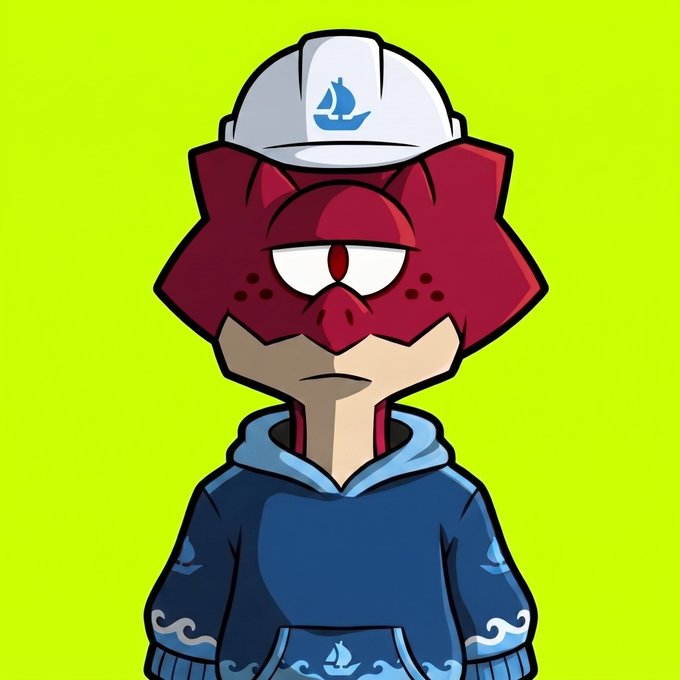 A cartoon red-headed character wearing a blue wave-pattern hoodie and a white sailor cap with a blue sailboat logo stares blankly against a lime-green background, visually tying into the post's maritime-themed NFT mint announcement.
