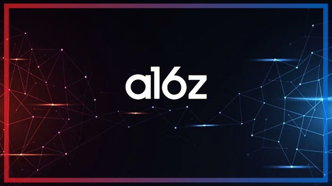 An a16z (Andreessen Horowitz) branded graphic displaying the 'a16z' logo in white over a dark background with blue and red network mesh patterns.