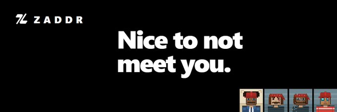 A black screen displays the ZADDR logo in the upper left with bold white text reading 'Nice to not meet you.' and a small pixel art character in the bottom right corner.