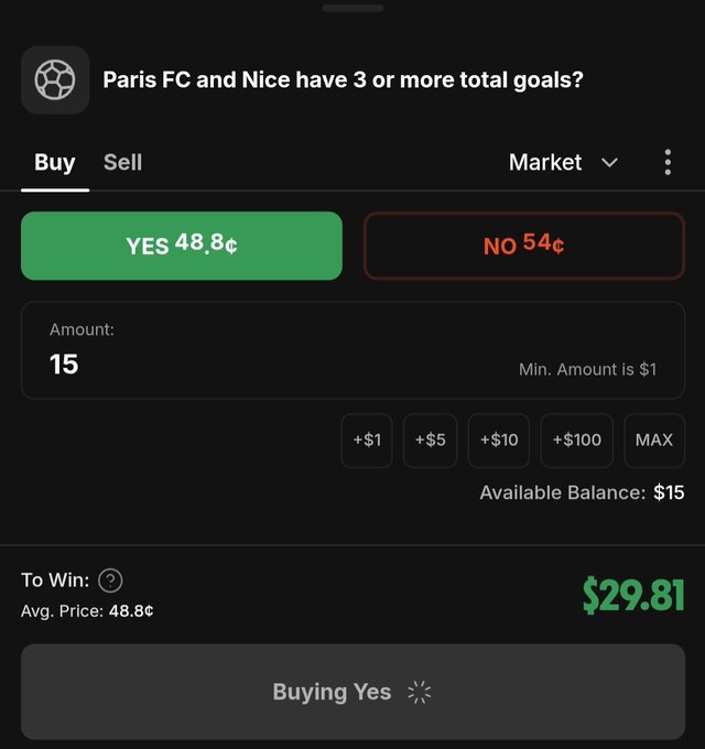 Polymarket-style betting interface showing a question about whether 'Paris FC and Nice have 3 or more total goals?' with YES at 48.8¢ and NO at 54¢.