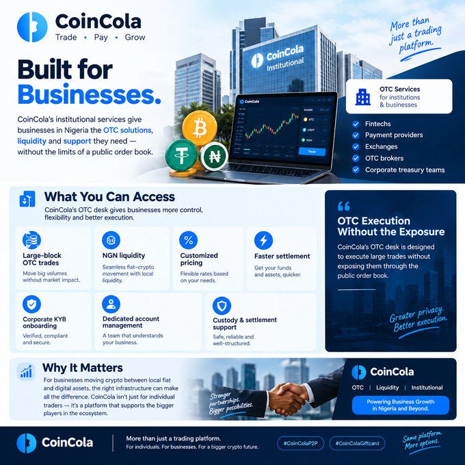 A CoinCola advertisement banner stating 'Built for Businesses,' promoting institutional OTC services in Nigeria with sections for 'What You Can Access' (Large-block OTC trades, NGN liquidity, Customized pricing, Faster settlement, etc.) and 'Why It Matters,' alongside hashtags #CoinColaOTP and #CoinColaGiftcard.