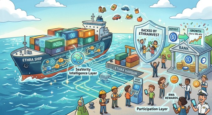 A colorful cartoon illustration depicts 'ETHRA SHIP' cargo vessels, a 'SeaVerity Intelligence Layer' with circuit graphics, and a 'BANK' building with people holding phones, labeled 'RWA REWARDS' and 'Participation Layer'.