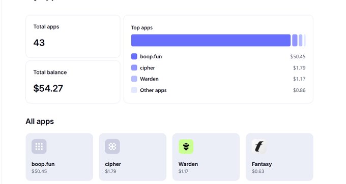 A financial dashboard displaying 'Total apps: 43' and 'Total balance: $54.27', with a breakdown of top earning apps including boop.fun ($50.45), cipher ($1.79), Warden ($1.17), and Fantasy ($0.63).