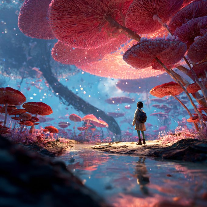A digital artwork depicting a small figure standing in a fantastical forest filled with giant, glowing pink mushroom-like structures and a reflective stream.
