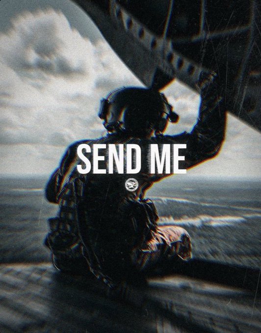 A silhouette of a figure in tactical gear clinging to the underside of an aircraft, overlaid with bold white text reading "SEND ME" alongside a small logo. The dramatic action shot visually reinforces the post's message of financial desperation, as the figure being deployed from the sky echoes the request for "DOGE and Tariff checks."