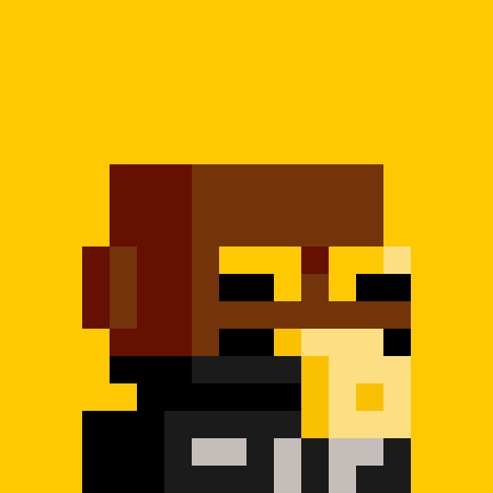 A pixel art character with a dark red head, tan face, and dark clothing set against a bright yellow background.