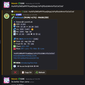 A Discord message from "Wassie" promotes $MASK as a privacy coin built by a former $ZEC developer, with the embedded image showing detailed contract information for "Mask Network" including its 19.1M market cap, total supply of 38.07M, 15% fresh supply, and a launch on PUMP.FUN, reinforcing the post's claim that $MASK is an emerging privacy-focused runner.