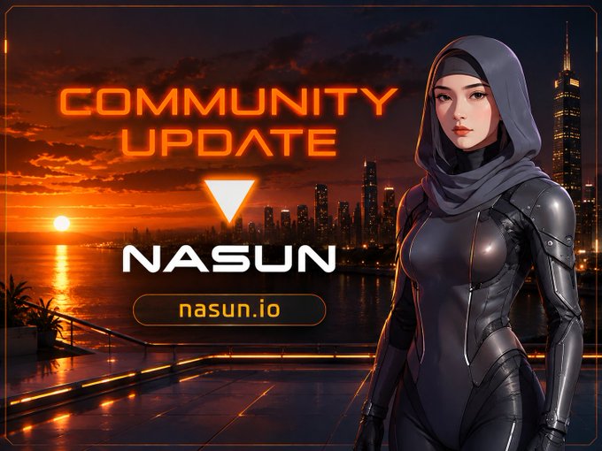 Futuristic 'COMMUNITY UPDATE' banner for NASUN featuring a hooded woman in a sleek bodysuit against a sunset cityscape, with the URL nasun.io displayed.
