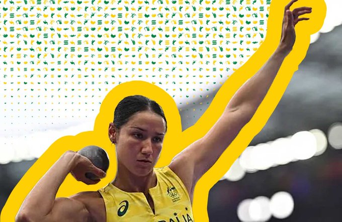 A female athlete in a yellow Australian team uniform preparing to throw a shot put, highlighted with a yellow outline and decorative dots in the background.
