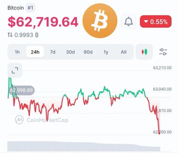 CoinMarketCap screenshot showing Bitcoin (BTC) price at $62,719.64 with a 0.55% decrease, displaying a 24-hour price chart.