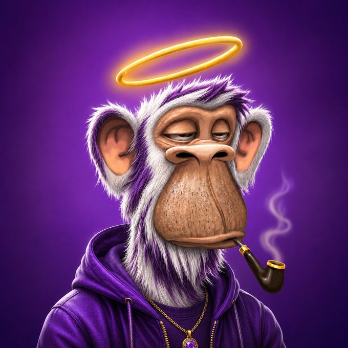 A 3D-rendered purple and white monkey with a golden halo above its head and a serene expression smokes a wooden pipe while wearing a purple hoodie and gold chain, perfectly embodying the post's motivational "good morning" vibe with its angelic, zen-like aura.