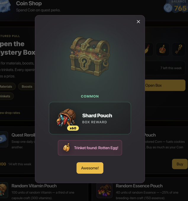 A "Coin Shop" screen from a video game showing an opened "COMMON" Mystery Box that awarded a "Shard Pouch x60" and a "Trinket found: Rotten Egg!", with a yellow "Awesome!" button.