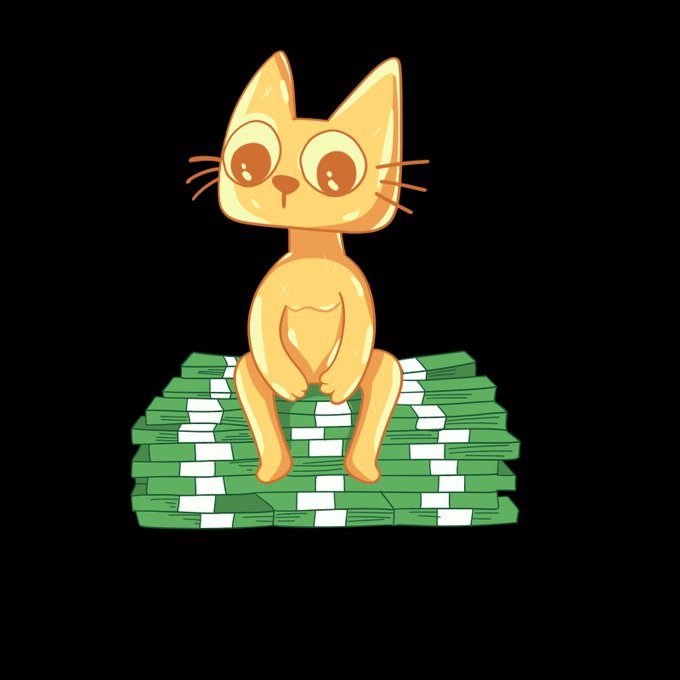 An illustration of a cute orange cat with large eyes sitting on a large stack of green cash against a black background.