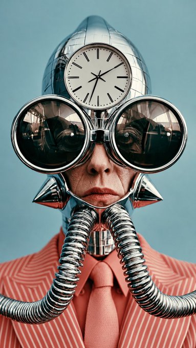 A surreal portrait of a person wearing an elaborate chrome metallic headpiece featuring a clock face, large goggles, and coiled tubes, paired with a pink striped shirt.