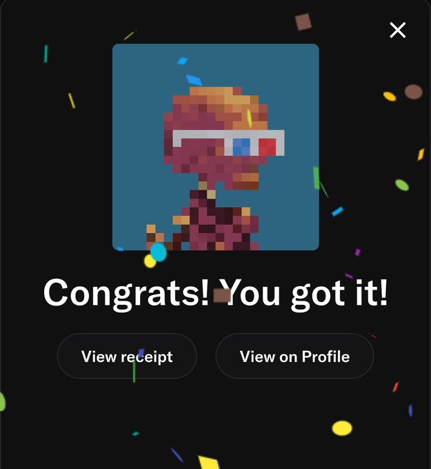 A pixel art notification screen displaying a red 3D glasses-wearing character with the text 'Congrats! You got it!' and buttons to 'View receipt' or 'View on Profile'.