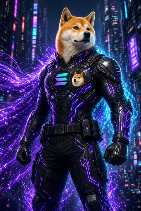 A digital illustration of a Shiba Inu dog's head on a futuristic armored superhero body with purple glowing circuitry, a cape, and a dog logo on the chest, set against a neon cyberpunk cityscape.