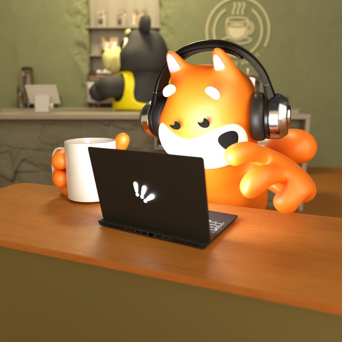 The image features an orange cartoon character sitting at a desk with a laptop computer, wearing headphones and holding a coffee cup. The background shows a bar setting with other people present. The caption of the image reads "Somewhere in the world right now someone is discovering BONK for the first time and their life is about to change in a important way." This suggests that the character might be experiencing an exciting or surprising event related to the post, such as learning something new or encountering a unique situation.