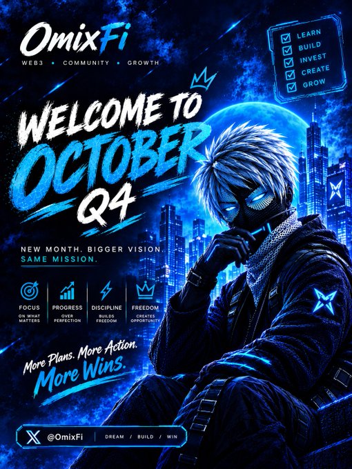 A blue-themed promotional graphic for 'OmixFi' welcoming viewers to 'OCTOBER Q4,' featuring an anime-style masked character and listing motivational terms like 'FOCUS,' 'PROGRESS,' 'DISCIPLINE,' and 'FREEDOM.'