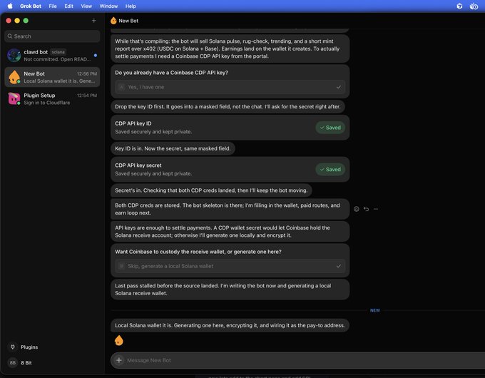 Screenshot of Grok Bot desktop app showing a conversation about setting up a Solana trading bot, with fields for Coinbase CDP API key and secret both marked 'Saved', and discussion about generating a local Solana wallet.