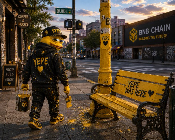 A stylized urban street scene features a yellow frog-like character in 'YEPE' branded clothing standing near a yellow bench marked 'YEPE WAS HERE', with a 'BNB CHAIN' billboard in the background.