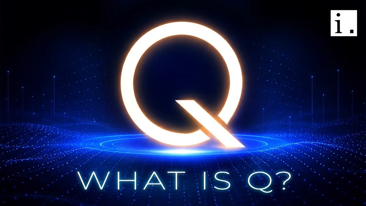 A glowing, futuristic "Q" logo set against a starry blue background with the text "WHAT IS Q?" displayed below, accompanied by an "i." watermark in the corner, visually introducing the concept of Q cryptocurrency or digital asset mentioned in the accompanying post about buying, selling, and holding.