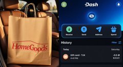 A "HomeGoods" shopping bag sits beside a mobile wallet app showing a recent "Gift card - TJK" purchase, illustrating a crypto-funded retail haul that ties the $DASH payment to the meme's playful comparison of a dressed-up dog outperforming the market.