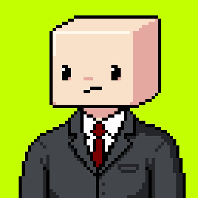 A pixel art illustration of a bald man in a dark suit with a red tie, set against a bright green background.
