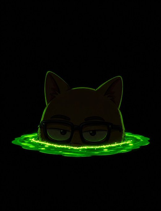 A stylized cartoon cat wearing black glasses peeks out from a glowing green liquid pool against a black background.
