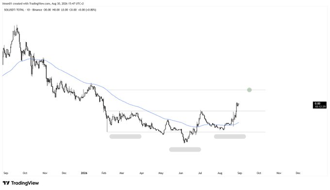 A TradingView candlestick chart of SOL/USDT on Binance (1D timeframe) shows the price trading around $203 with a moving average overlay, depicting a recent breakout from a multi-month consolidation range that aligns with the post's bullish outlook targeting upside performance against the total market cap.