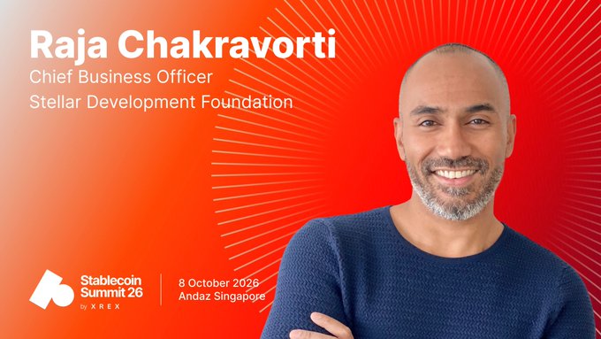 A promotional banner for the 'Stablecoin Summit 26 by XBEX' featuring a smiling man, with text identifying him as 'Raja Chakravorti, Chief Business Officer, Stellar Development Foundation' and event details '8 October 2026 Andaz Singapore'.