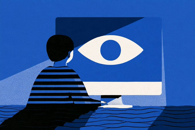 A stylized blue illustration showing a person from behind, wearing a striped shirt, sitting at a computer screen displaying a large watchful eye symbol.