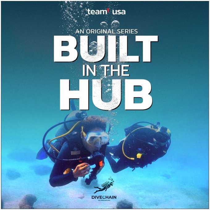 A promotional poster titled 'Built in the Hub' from Team 1 USA, showing two scuba divers underwater with 'DiveChain' branding at the bottom.