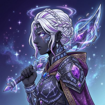 A fantasy illustration of a dark-skinned female character with white braided hair, glowing purple eyes, and cosmic runes on her skin, holding a staff beside a crystalline axe against a starry background.