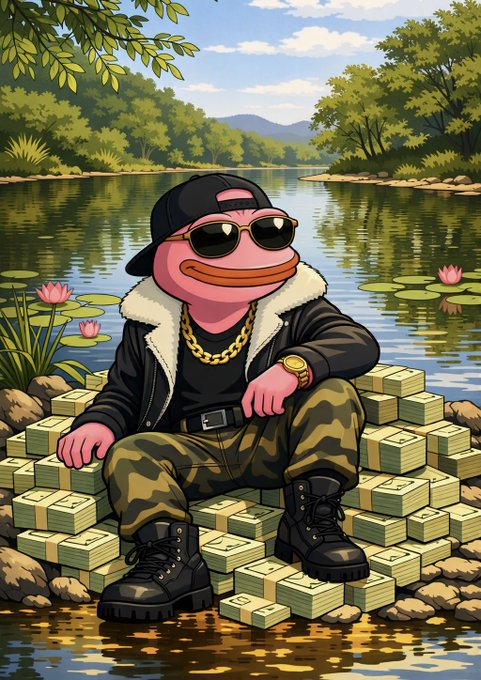 An illustration depicts an anthropomorphic frog wearing sunglasses, a black jacket, gold chain, and camo pants, sitting on stacks of cash beside a serene pond.