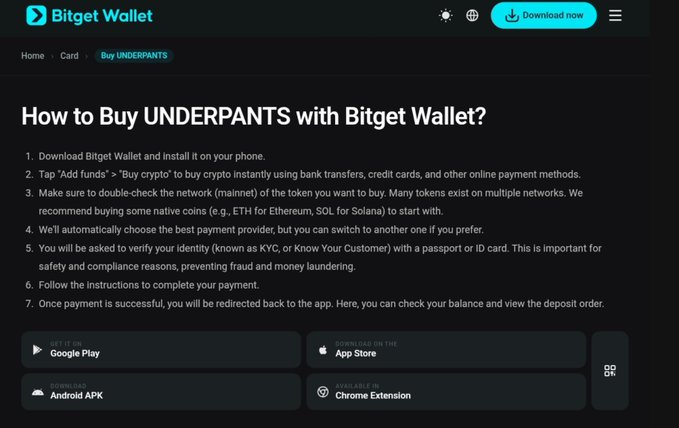 A screenshot of a Bitget Wallet webpage titled 'How to Buy UNDERPANTS with Bitget Wallet?' with 7 numbered instructions and download buttons for Google Play, App Store, Android APK, and Chrome Extension.