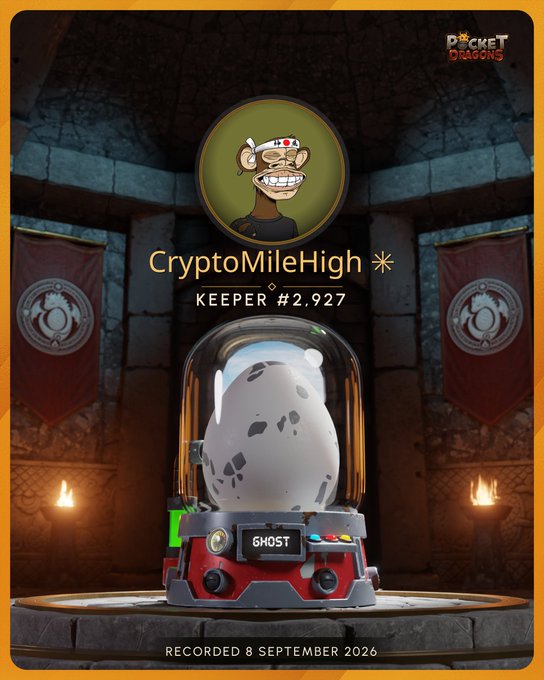 A digital 'Pocket Dragons' collector card displaying a spotted white egg in a mechanical incubator labeled 'GHOST'. The keeper is named 'CryptoMileHigh' (#2,927), recorded 8 September 2026.