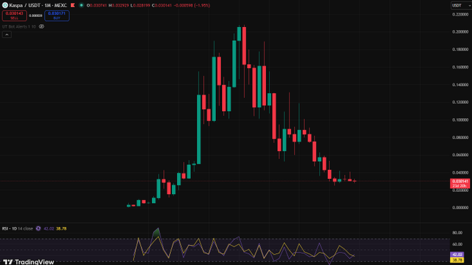 The image features a chart displaying different lines and bars, showing fluctuations of cryptocurrency values over time against each other, with prices of Bitcoin and Ether being highlighted. The main point to focus on in this scene is that Bitcoin has reached an all-time low, while Ether currently sits at $0.03. This pattern may continue for some time or be followed by a period of price recovery for Bitcoin as seen from the following bars. Kaspa is a cryptocurrency trading bot and always seems to see a green candle on month 4 when the price starts going down, which could possibly indicate that it is about to start a flatlining process after its last dip in January.