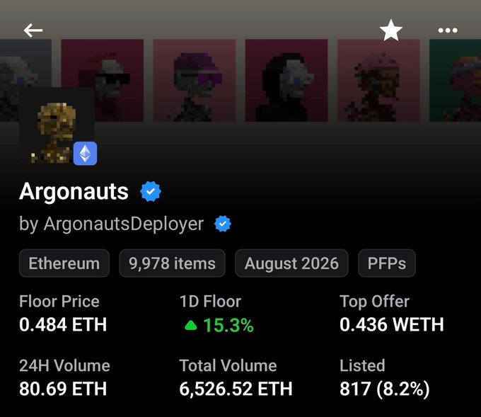An NFT collection page for 'Argonauts' by ArgonautsDeployer on Ethereum, showing 9,978 items with a floor price of 0.484 ETH and 24H volume of 80.69 ETH.