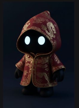 A small figurine wearing a red and gold dragon-patterned hooded robe with glowing white eyes stands against a dark background.