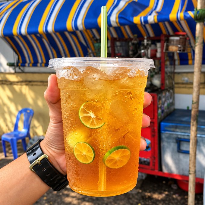 A hand holds a plastic cup of iced tea or citrus drink with lime slices, photographed against a striped blue, yellow, and white awning, likely at a Vietnamese street vendor.