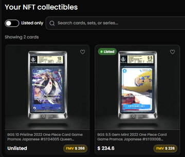 The image shows two cards displayed side by side against a black background. The cards are from different companies, possibly offering unique collectible items or trading cards for sale. The text "Your NFT Collectibles" is visible at the top of the screen, indicating that this is an online marketplace where people can buy and sell NFTs (Non-Fungible Tokens).