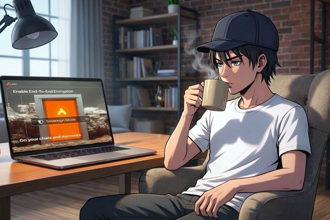 An anime-style illustration of a young man in a black cap and white t-shirt drinking from a steaming mug while sitting at a desk with a laptop displaying 'Enable End-To-End Encryption' and 'Sovereign Mode' on its screen.