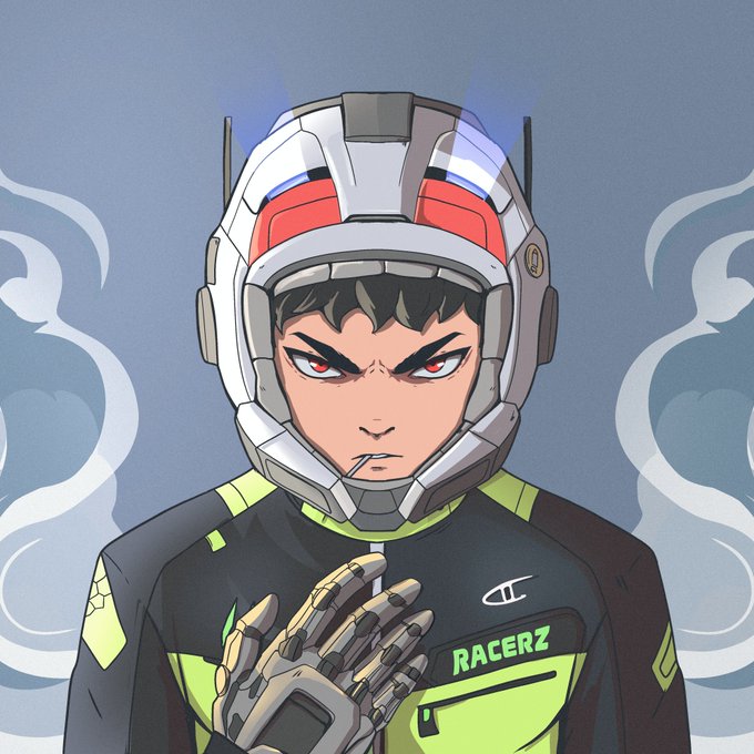 Anime-style illustration of a serious racer character wearing a white helmet with red accents, green visor, and black/neon green racing suit labeled 'RACERZ', with a robotic hand visible.