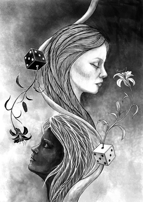 A black and white ink illustration featuring two profile faces—one light and one dark—facing opposite directions in mirrored symmetry, with flowing hair that transforms into vines bearing lilies and dice. The artwork embodies the "Symmetry of Fate" theme through its balanced duality, where the opposing figures and chance-meeting dice suggest complementary destinies intertwined like the curving stems that unite them.